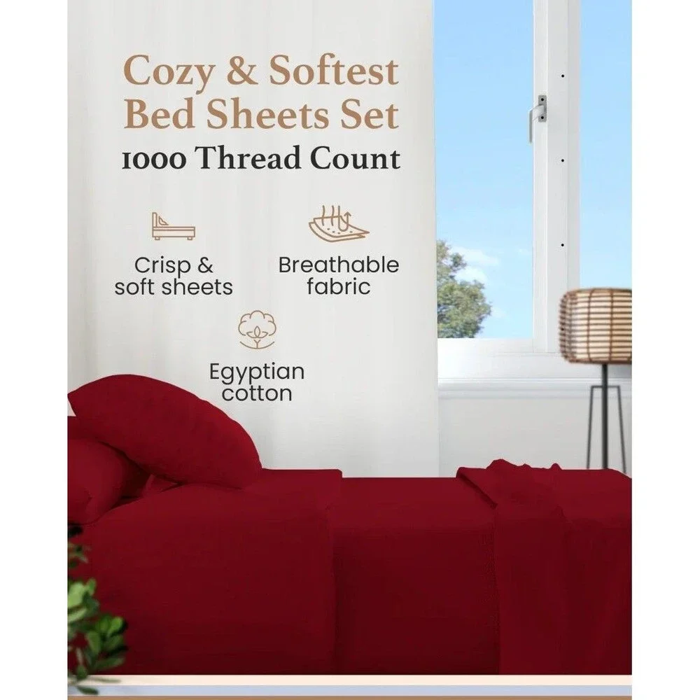 1000 Thread Count Egyptian Cotton Sheet Set Queen Burgundy Sateen 4pc NEW